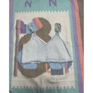 Sea NY Denim Crop Top Distressed Raw Hem Tie Strap V Neck Zipper